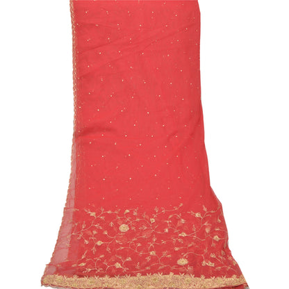 Sanskriti Vintage Dupatta Long Stole Net Mesh Red Hand Beaded Wrap Scarves