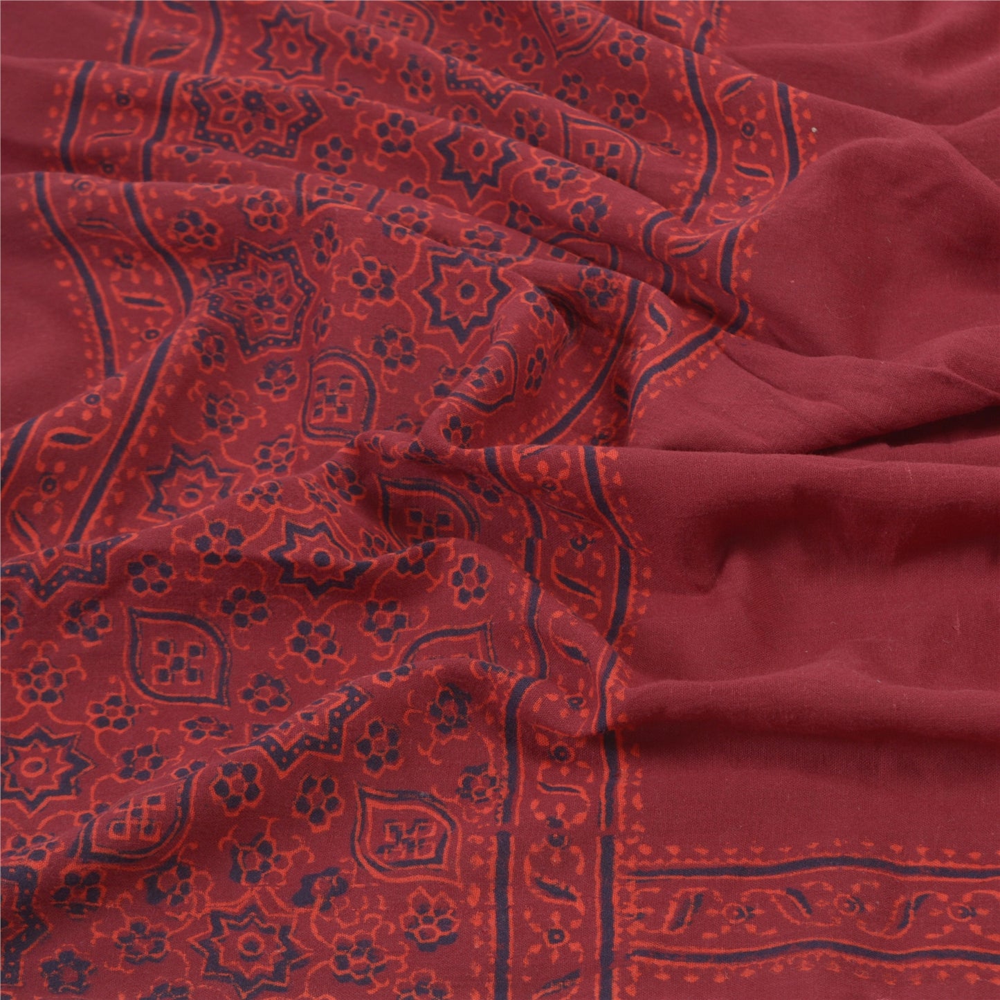 Sanskriti Vintage Dupatta Long Stole Cotton Dark Red Handmade Rare Ajrakh Veil