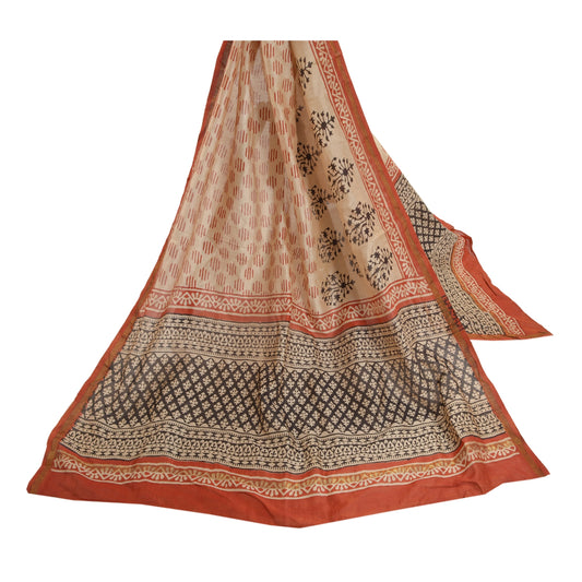 Sanskriti Vintage Dupatta Long Stole Chanderi Cream Block Printed Wrap Veil
