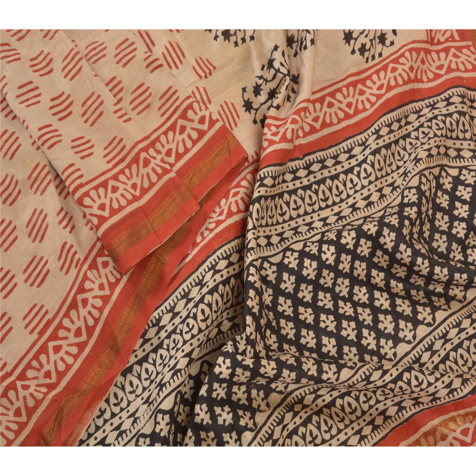 Sanskriti Vintage Dupatta Long Stole Chanderi Cream Hand Block Printed Wrap Veil