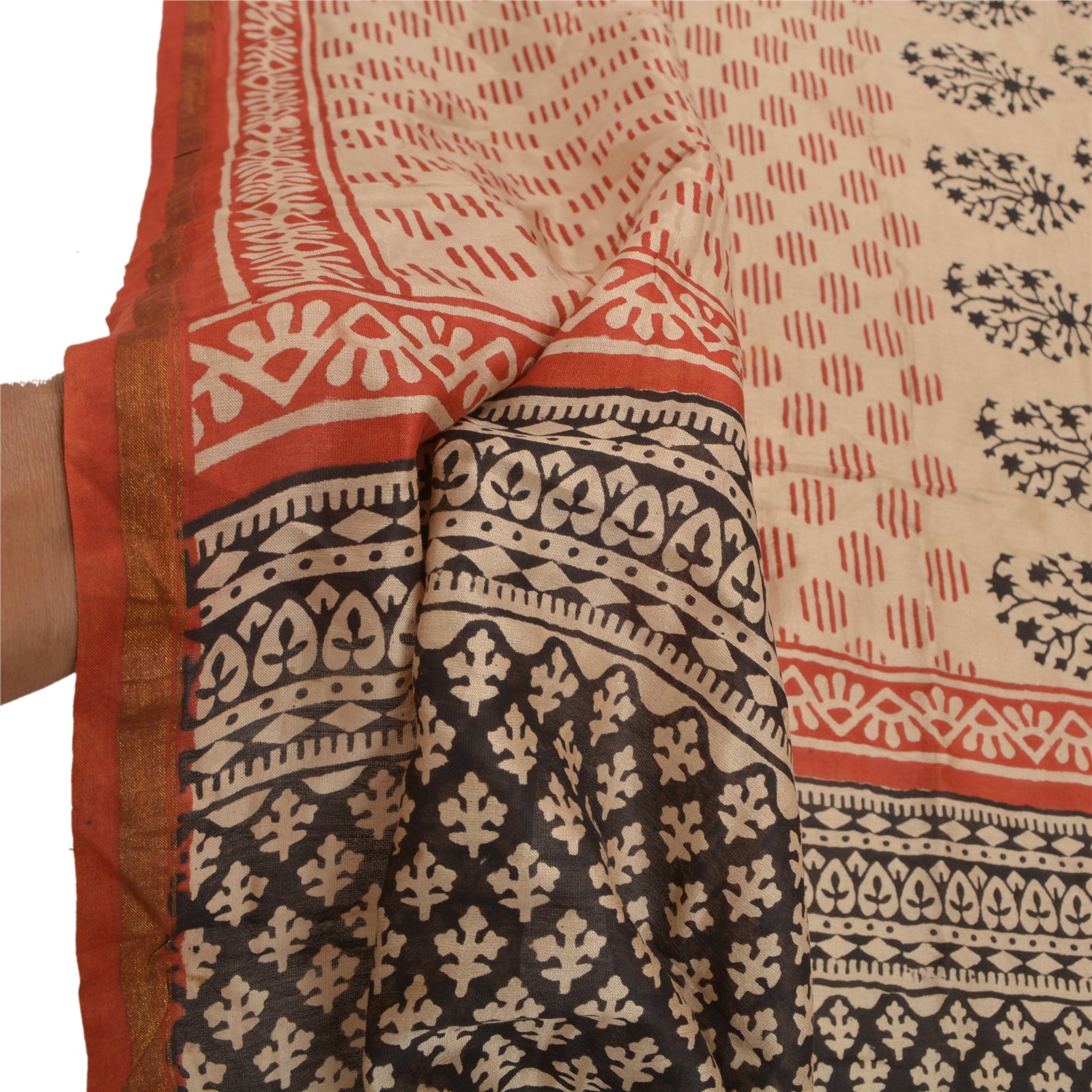 Sanskriti Vintage Dupatta Long Stole Chanderi Cream Hand Block Printed Wrap Veil