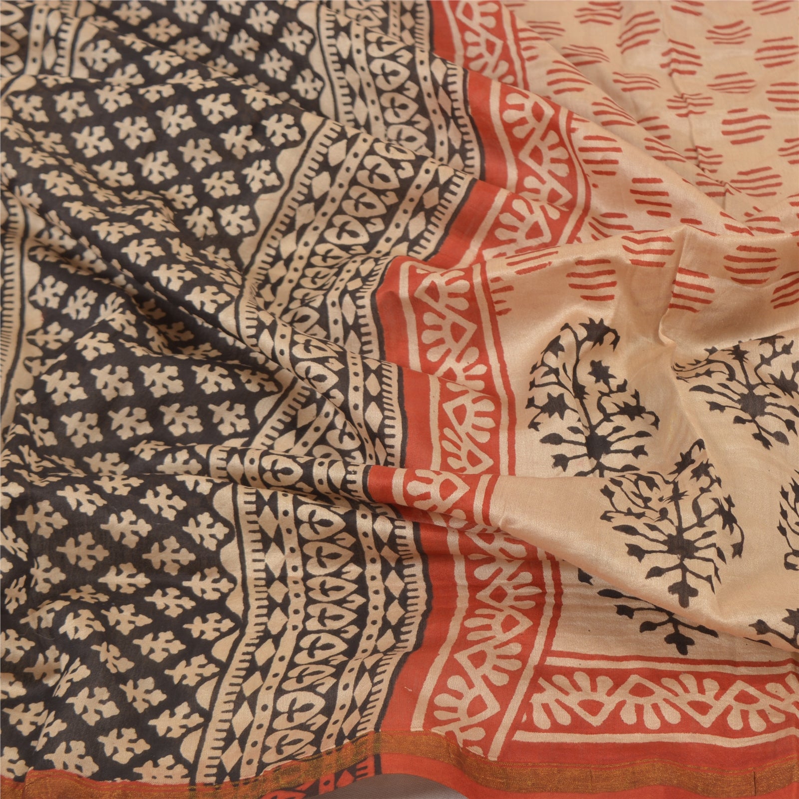 Sanskriti Vintage Dupatta Long Stole Chanderi Cream Hand Block Printed Wrap Veil