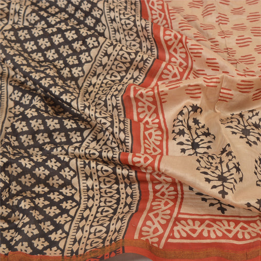 Sanskriti Vintage Dupatta Long Stole Chanderi Cream Block Printed Wrap Veil