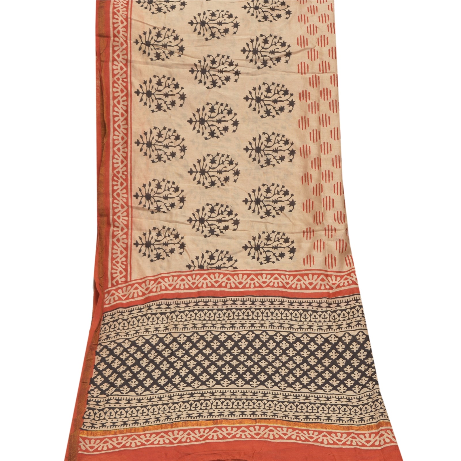 Sanskriti Vintage Dupatta Long Stole Chanderi Cream Hand Block Printed Wrap Veil