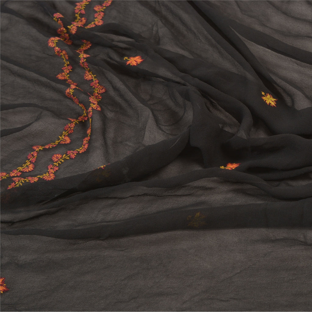 Sanskriti Vintage Dupatta Long Stole Georgette Black Hand Embroidered Suzani