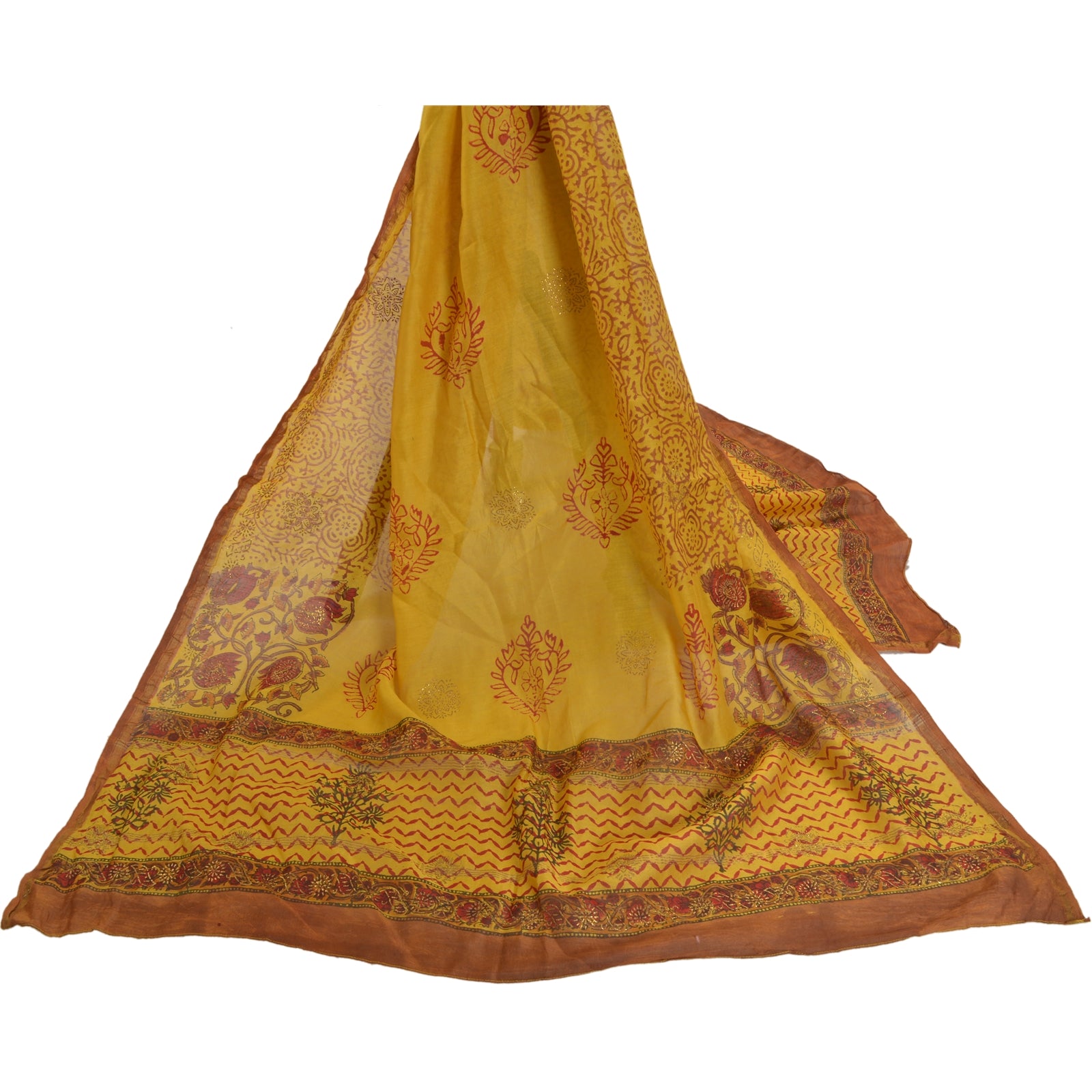 Sanskriti Vintage Dupatta Long Stole Chanderi Yellow Hand Block Printed Wrap Veil