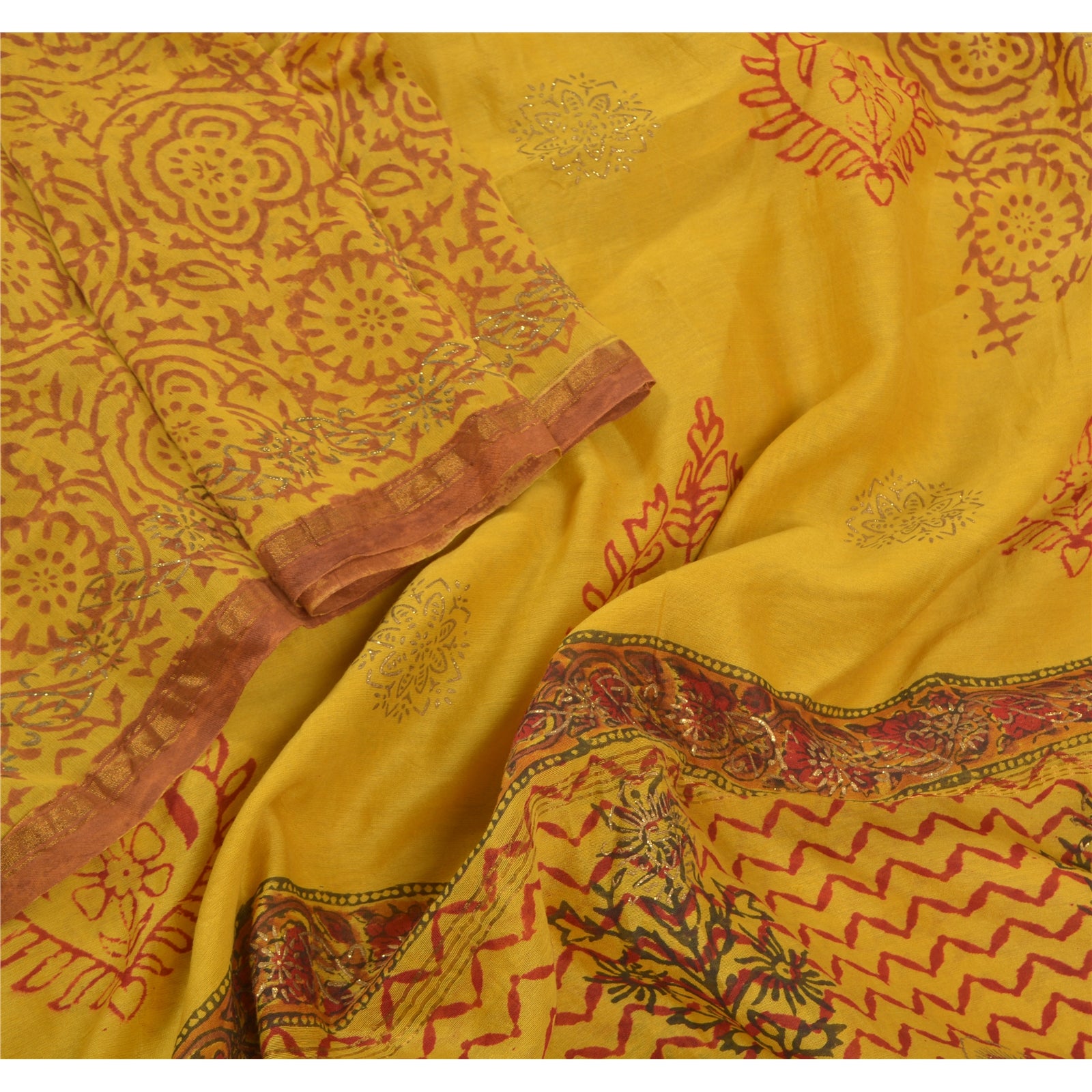 Sanskriti Vintage Dupatta Long Stole Chanderi Yellow Hand Block Printed Wrap Veil