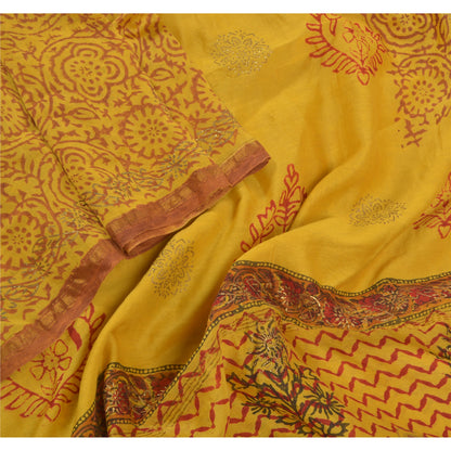 Sanskriti Vintage Dupatta Long Stole Chanderi Yellow Block Printed Wrap Veil