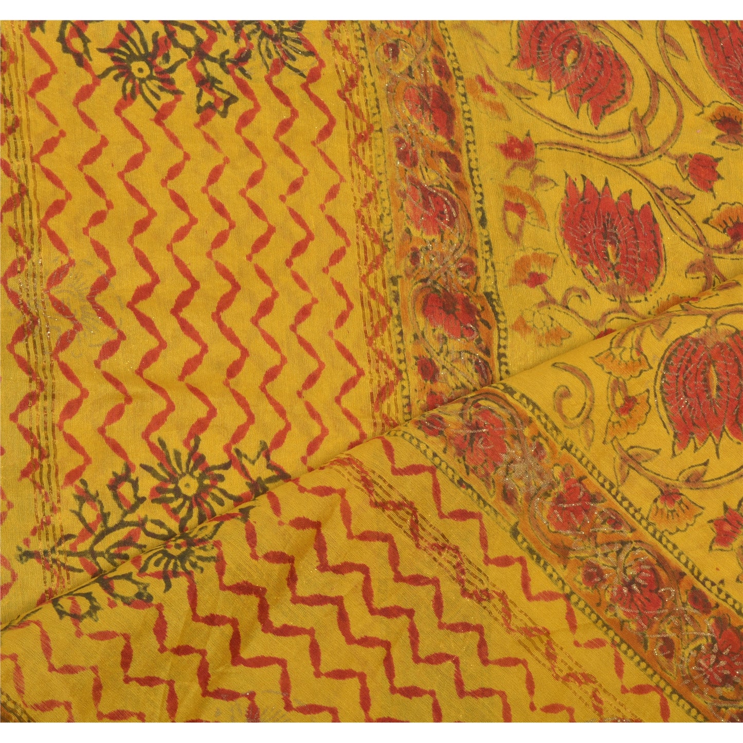 Sanskriti Vintage Dupatta Long Stole Chanderi Yellow Block Printed Wrap Veil