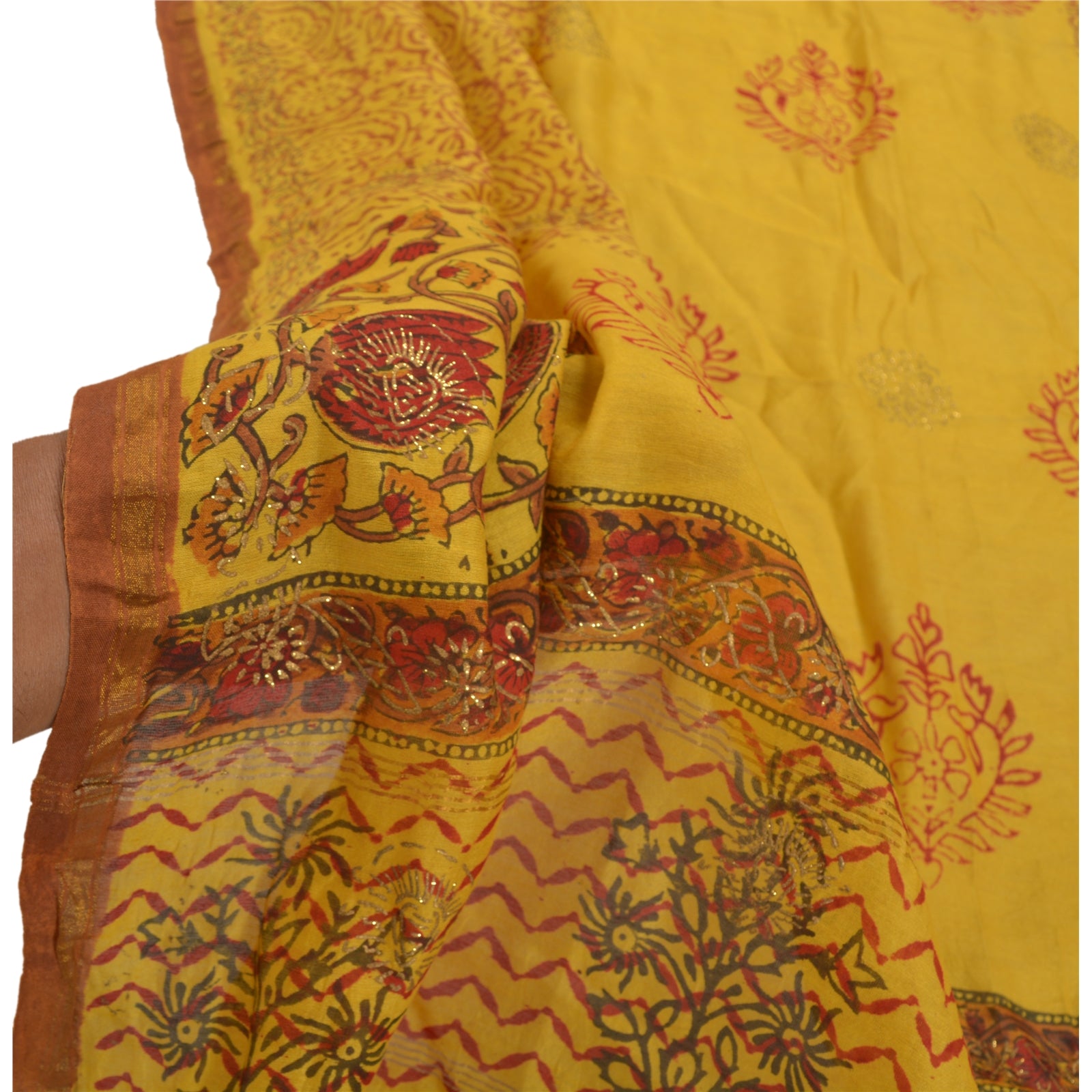 Sanskriti Vintage Dupatta Long Stole Chanderi Yellow Hand Block Printed Wrap Veil