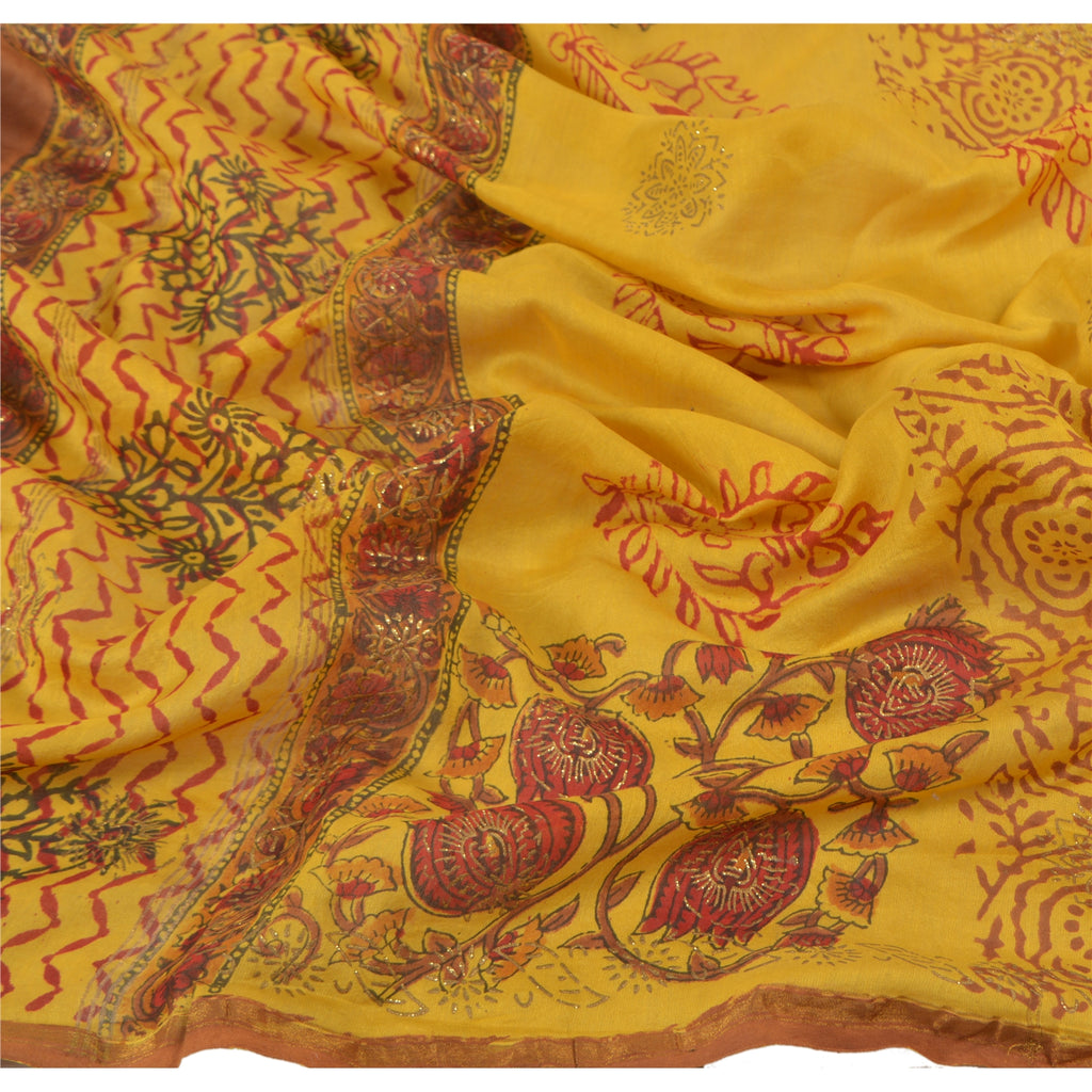 Sanskriti Vintage Dupatta Long Stole Chanderi Yellow Block Printed Wrap Veil