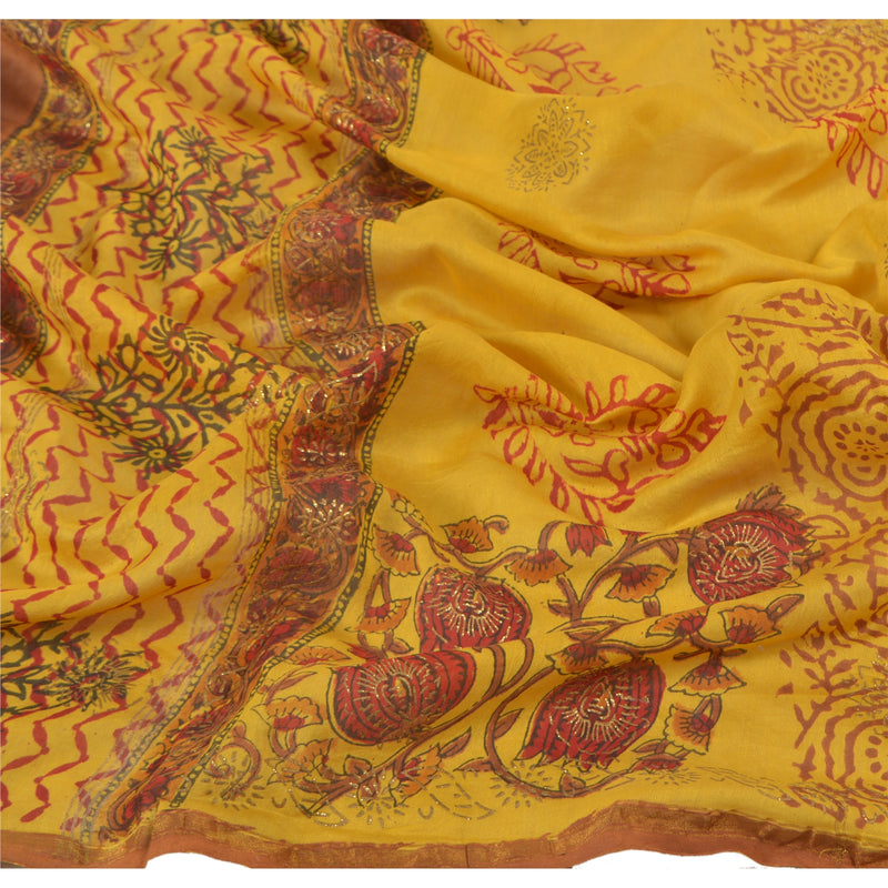 Sanskriti Vintage Dupatta Chanderi Yellow Long Stole Handblock Printed Wrap Veil From Rajasthan Gujrat Indian Textile Heritage Supplies,