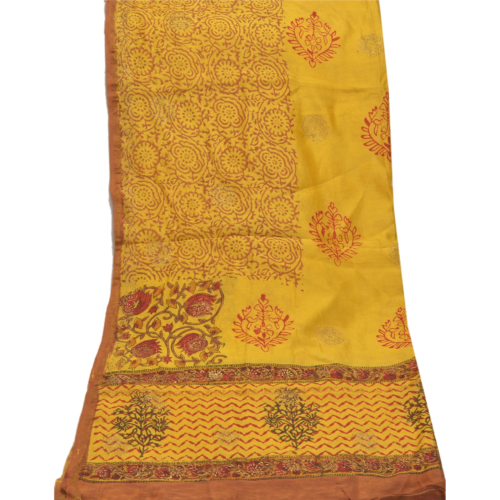 Sanskriti Vintage Dupatta Long Stole Chanderi Yellow Hand Block Printed Wrap Veil