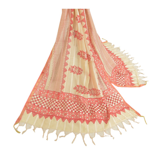 Sanskriti Vintage Dupatta Long Stole Cream Cotton Printed Wrap Hijab
