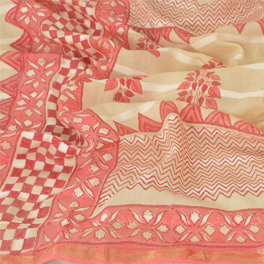 Sanskriti Vintage Dupatta Long Stole Cream Cotton Printed Wrap Hijab