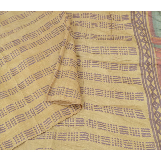 Sanskriti Vintage Dupatta Long Stole Pure Silk Cream Veil Printed Wrap Hijab