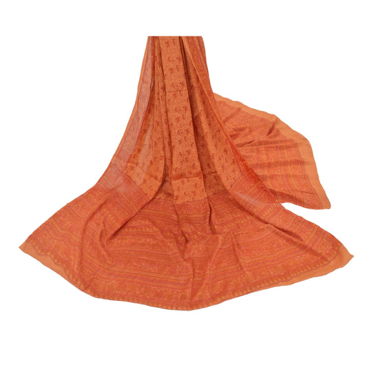 Sanskriti Vintage Dupatta Long Stole Crepe Silk Orange Printed Floral Scarves