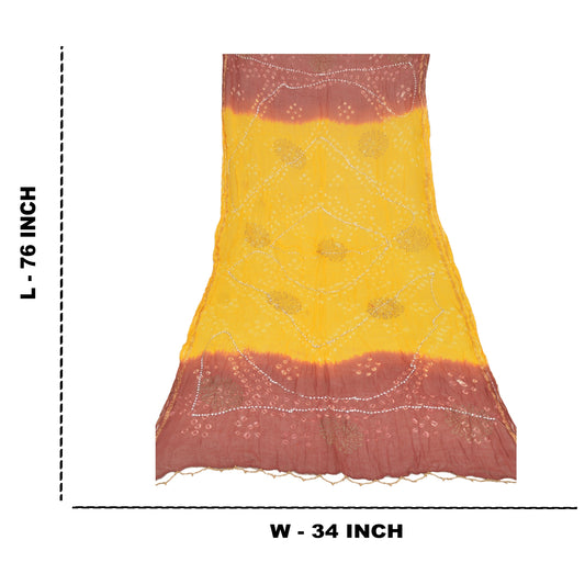 Sanskriti Vintage Dupatta 100% Pure Cotton Yellow & Brown Long Stole Bandhani Work Embroidered Sequins Veil From Gujrat Indian Textile