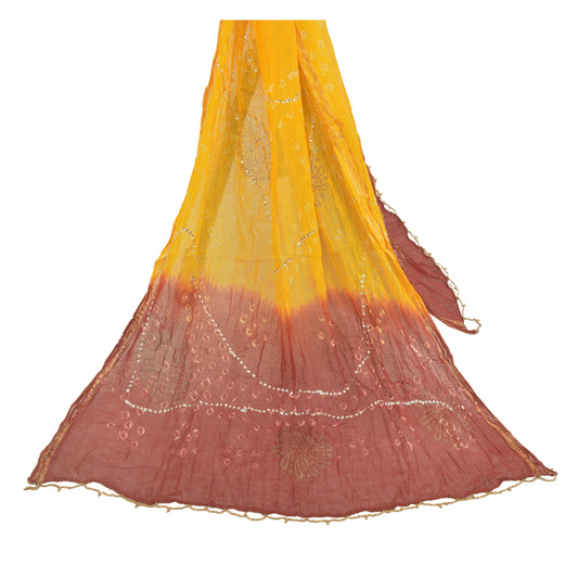 Sanskriti Vintage Dupatta Long Stole Pure Cotton Yellow Bandhani Hand Beaded