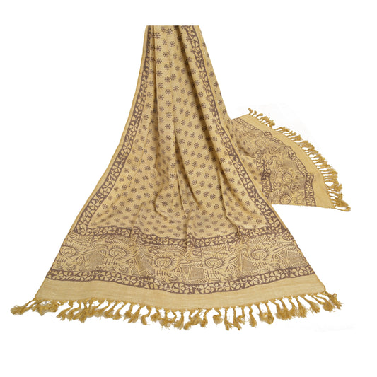 Sanskriti Vintage Dupatta Long Stole Khadi Woven Silk Cream Printed Scarves Veil