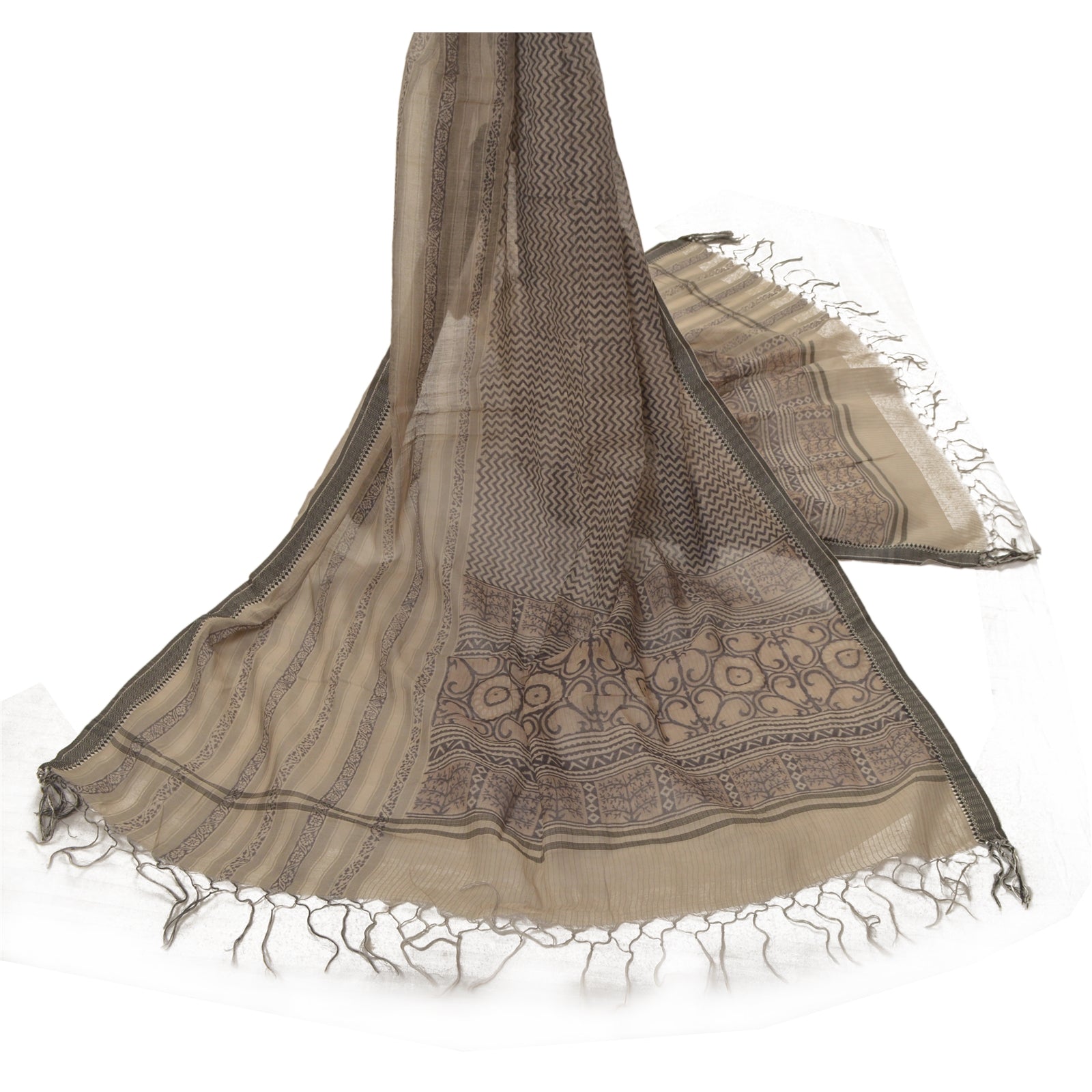 Sanskriti Vintage Dupatta Stole Chanderi Pale Cream Veil Hand Block Print Scarf