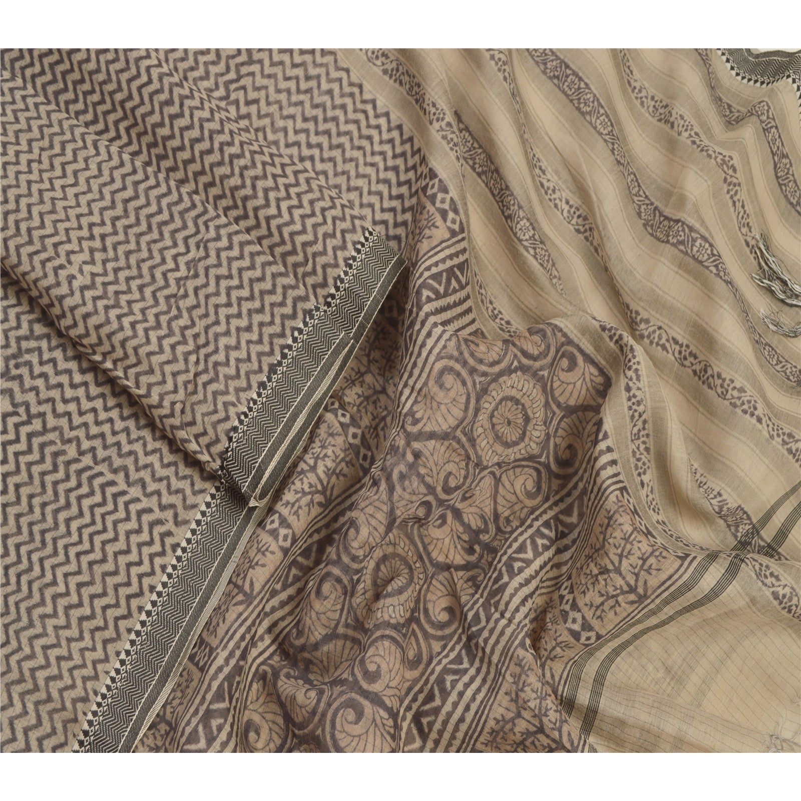 Sanskriti Vintage Dupatta Stole Chanderi Pale Cream Veil Hand Block Print Scarf