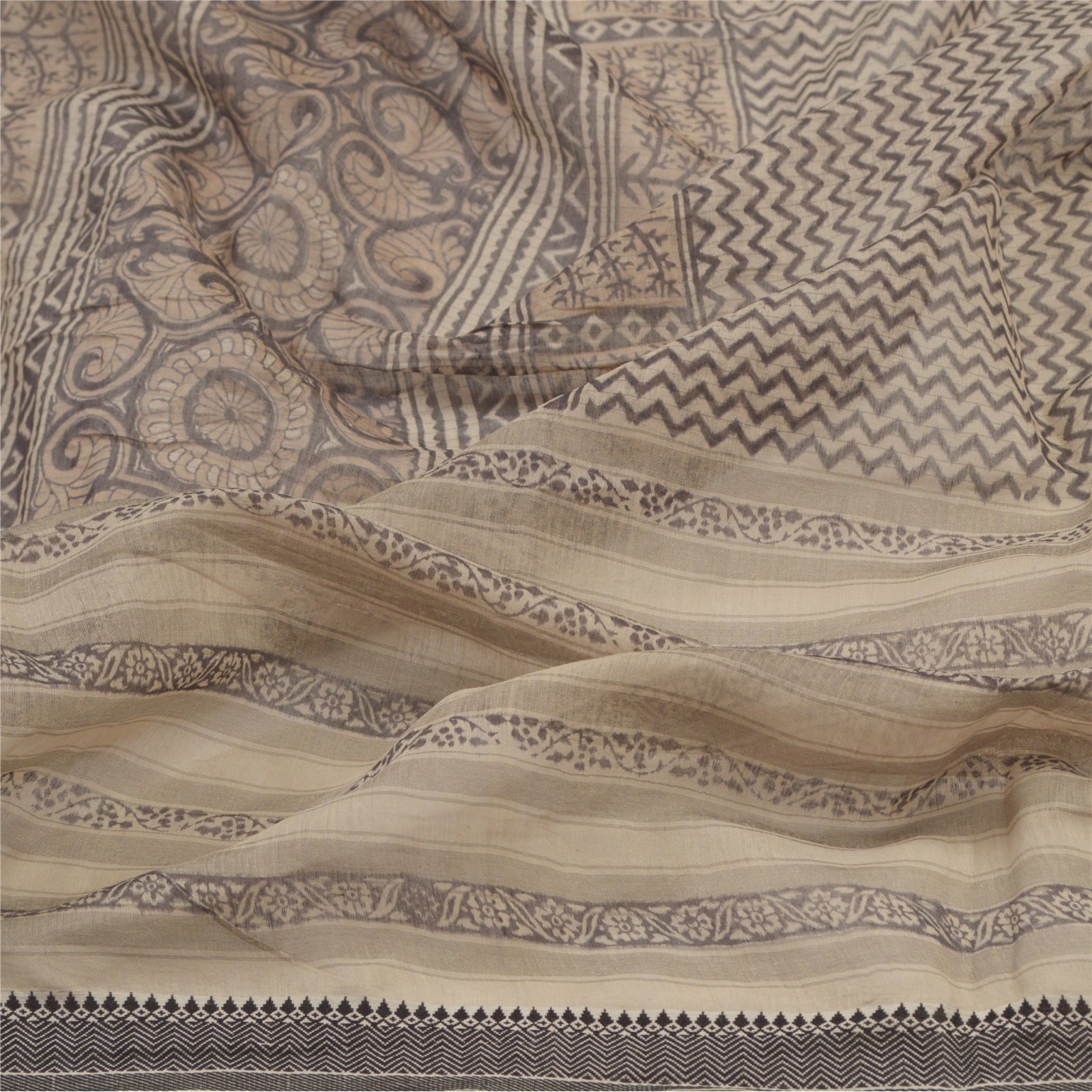 Sanskriti Vintage Dupatta Stole Chanderi Pale Cream Veil Hand Block Print Scarf