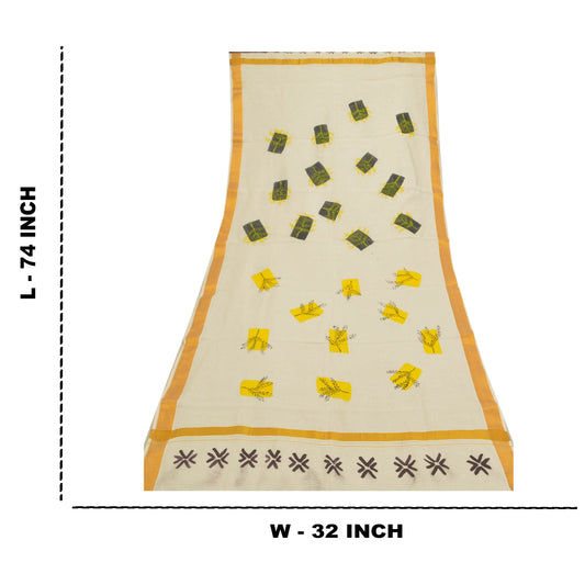 Sanskriti Vintage Dupatta Cotton Off-White Long Stole Hand-Painted Wrap Hijab Uses-Table linen, Cushions, Curtains, Dressing Decor, Sewing