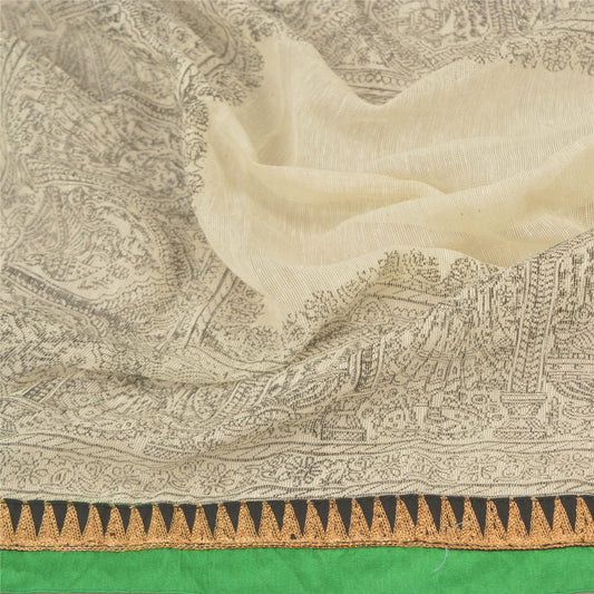 Sanskriti Vintage Dupatta Long Stole Cotton Off-White Embroidered Printed Veil