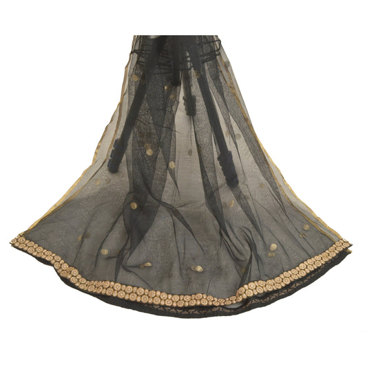Sanskriti Vintage Dupatta Long Stole Net Mesh Black Embroidered Woven Veil