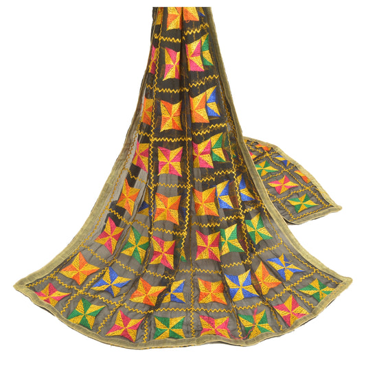 Sanskriti Vintage Dupatta Long Stole Chiffon Black Embroidered Bagh Phulkari