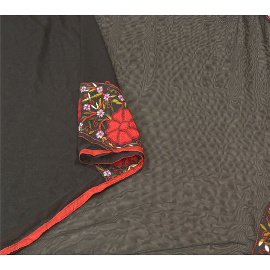 Sanskriti Vintage Dupatta Long Stole Net Mesh Black Hand Embroidered Wrap Veil