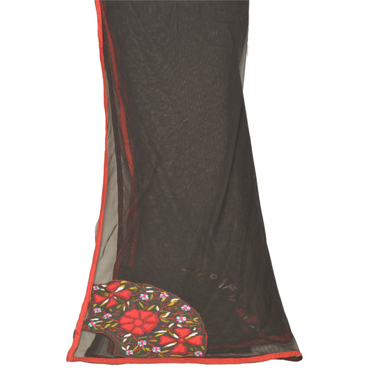 Sanskriti Vintage Dupatta Long Stole Net Mesh Black Hand Embroidered Wrap Veil