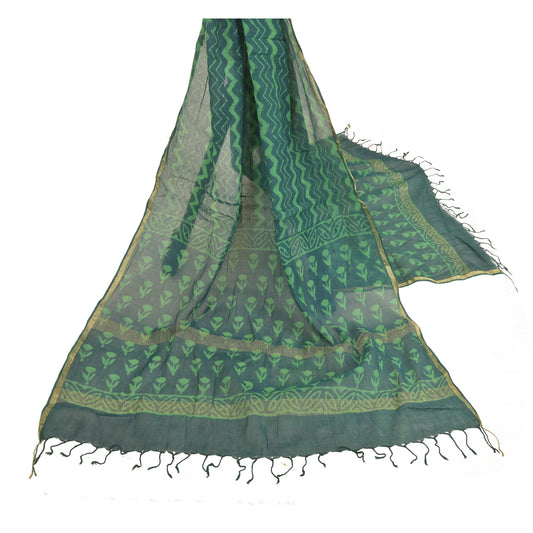 Sanskriti Vintage Dupatta Long Stole Chanderi Green Bagru Printed Scarves
