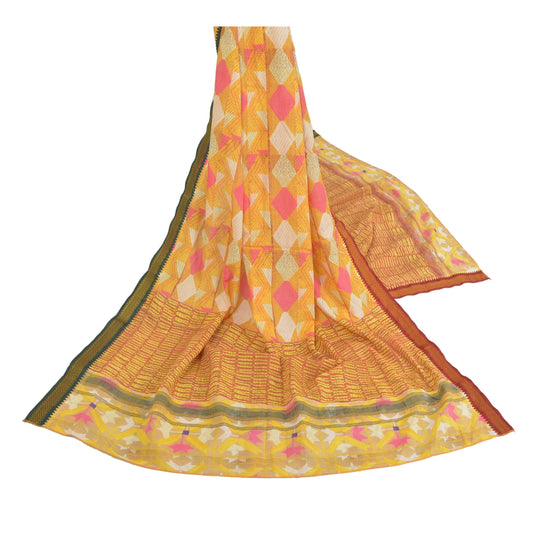 Sanskriti Vintage Dupatta Long Stole Cotton Yellow Wrap Hijab Printed Scarves