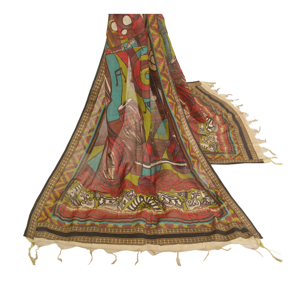 Sanskriti Vintage Dupatta Long Stole Chanderi Brown Hijab Printed Work Scarves