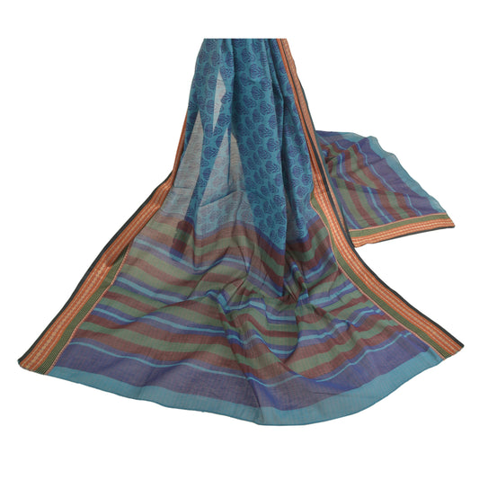 Sanskriti Vintage Dupatta Long Stole Cotton Blue Printed & Woven Ilkal Veil
