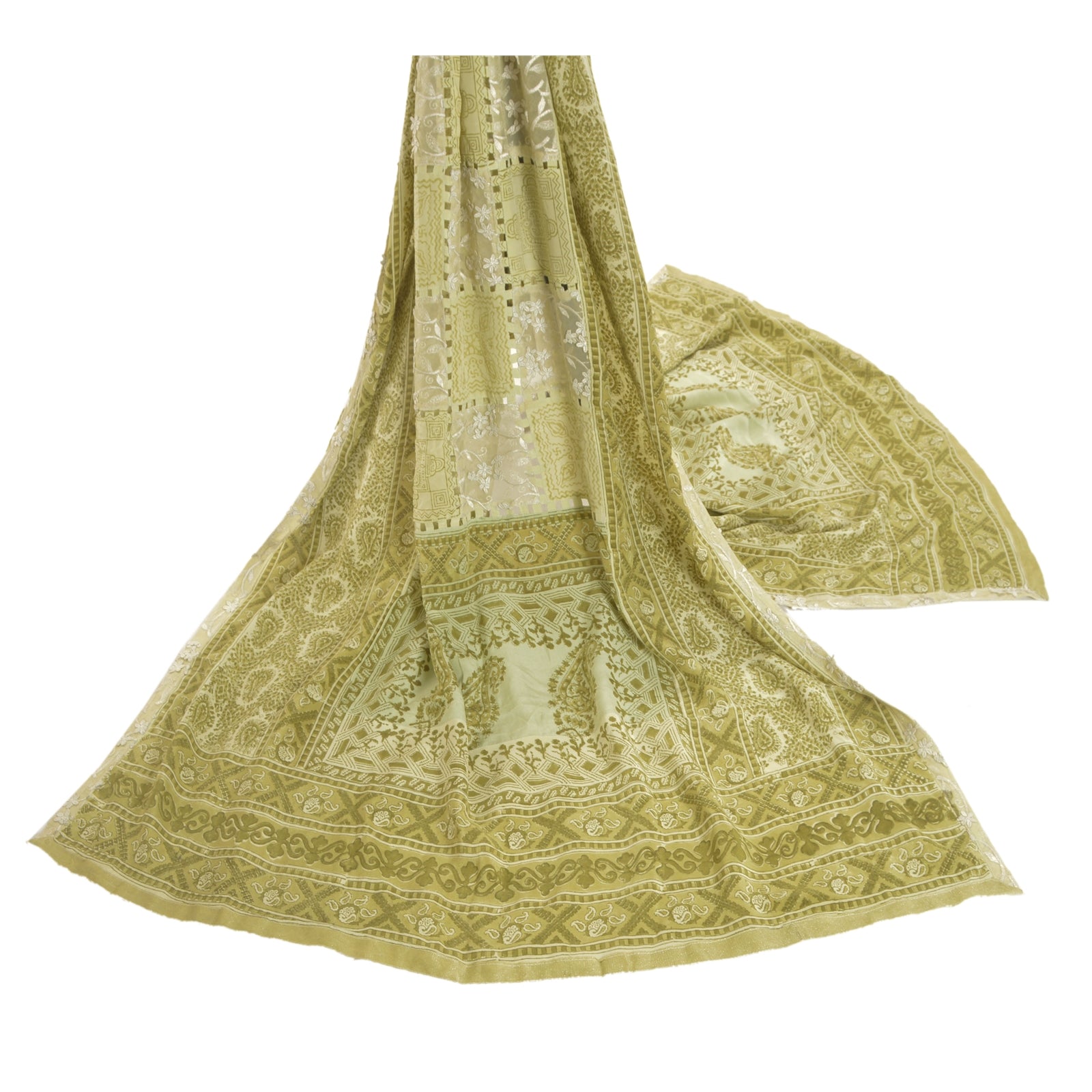 Sanskriti Vintage Dupatta Stole Pure Silk Cream-Green Hand Block Print Patchwork