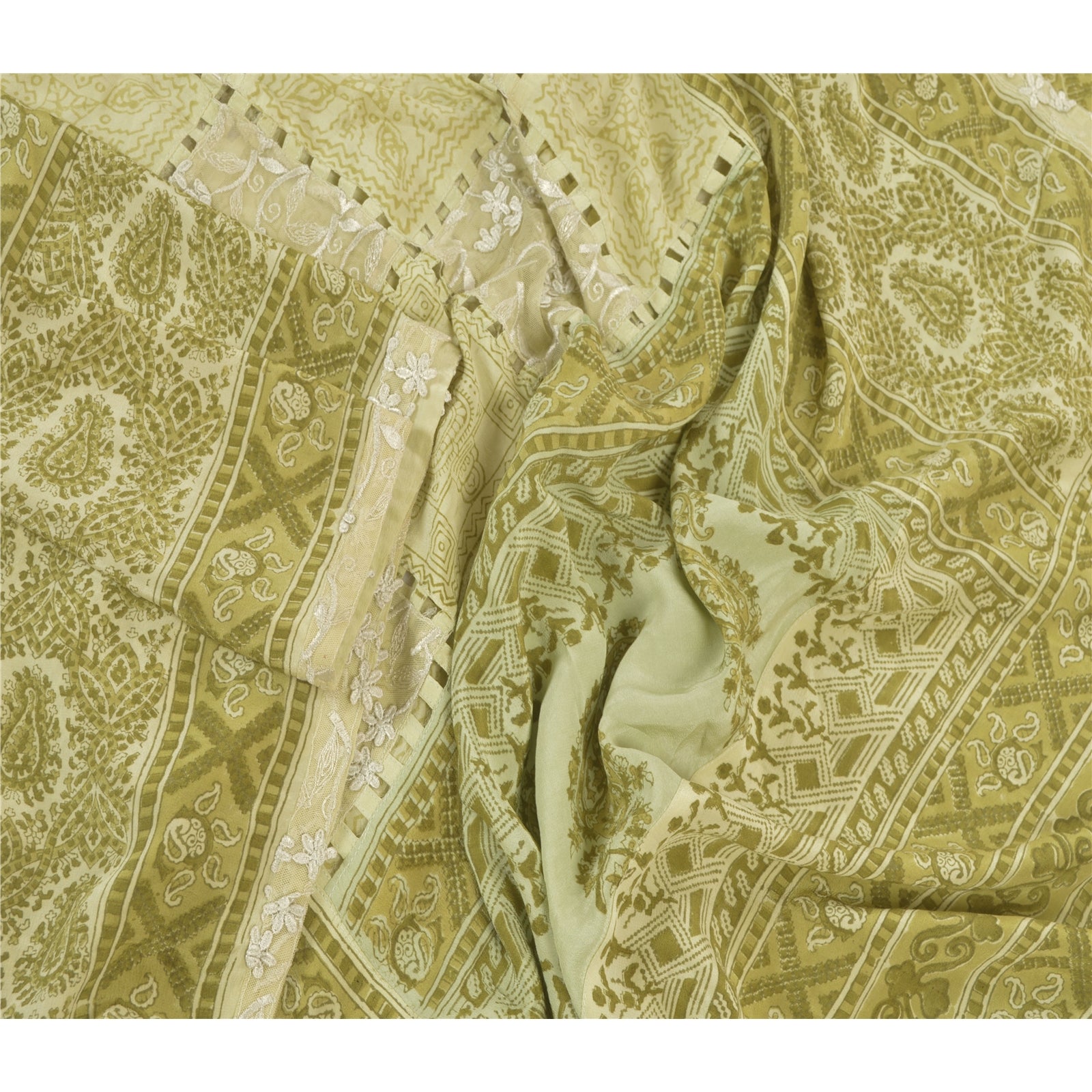 Sanskriti Vintage Dupatta Stole Pure Silk Cream-Green Hand Block Print Patchwork
