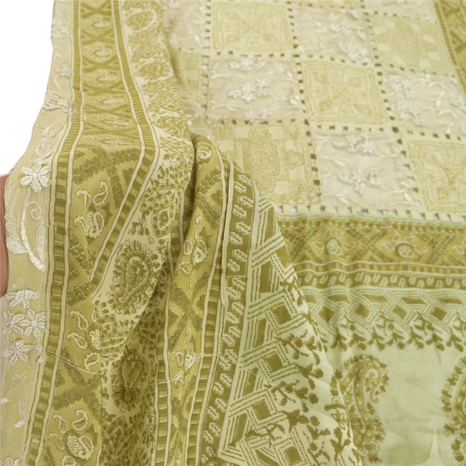 Sanskriti Vintage Dupatta Stole Pure Silk Cream-Green Hand Block Print Patchwork