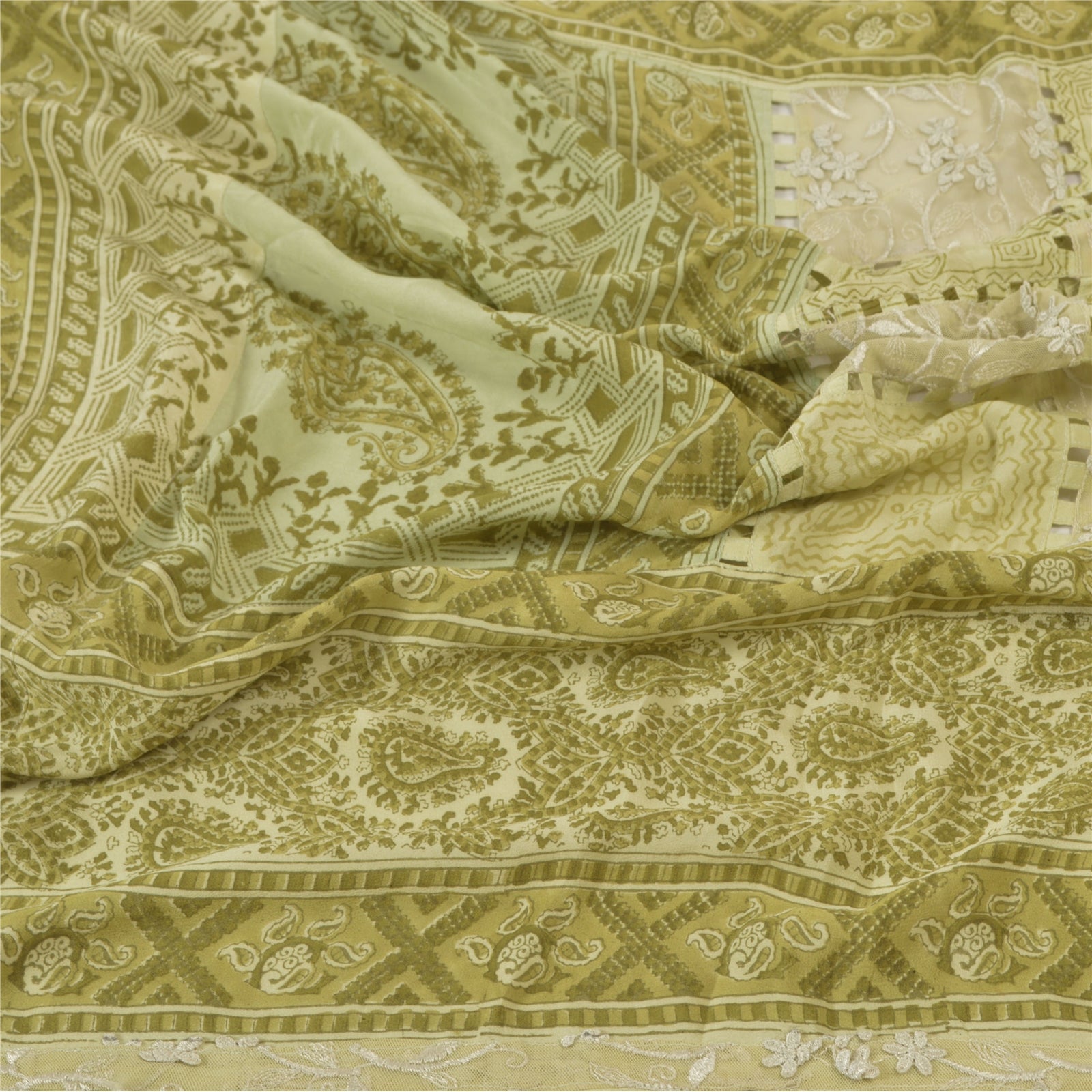 Sanskriti Vintage Dupatta Stole Pure Silk Cream-Green Hand Block Print Patchwork