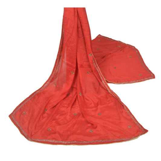 Sanskriti Vintage Pure Silk Red Dupatta Long Stole Veil Hand Bead Rhinestone Sequin Home Decor, Sewing, DIY Projects, Upcycling
