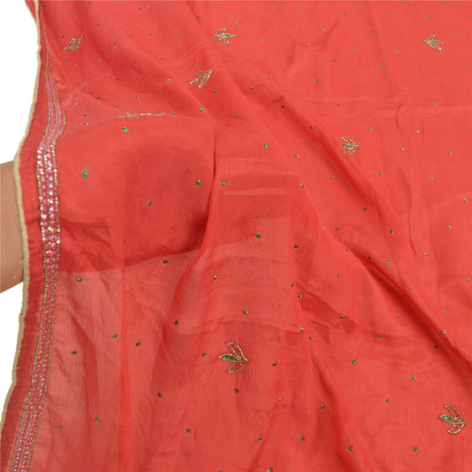 Sanskriti Vintage Dupatta Long Stole Pure Silk Red Veil Hand Beaded Scarves