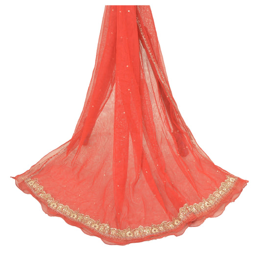 Sanskriti Vintage Dupatta Long Stole Net Mesh Red Veil Hand Beaded Scarves