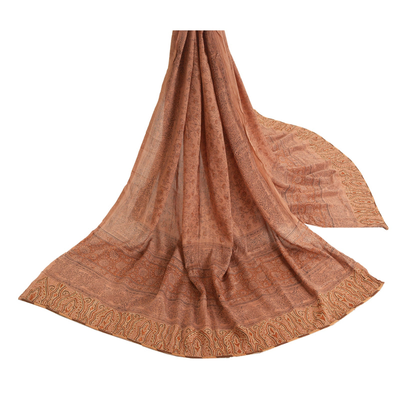 Sanskriti Vintage Dupatta Long Stole Pure Silk Brown Hand Embroidered Zari Veil