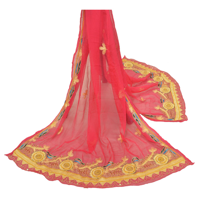 Sanskriti Vintage Dupatta Pink Long Stole 100% Pure Chiffon Silk Hand Beaded Zari Indian Textile Heritage Supplies, Home Decor