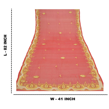 Санскрити Винтаж Дупатта Длинный Палантин Чистый Шелковый Шифон Красная Ручная Расшитая Бисером Фата