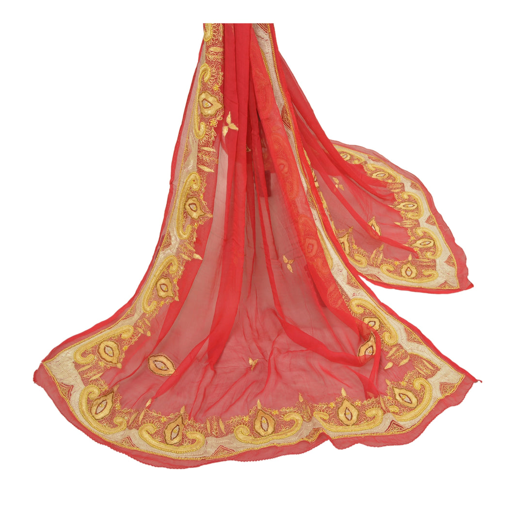 Sanskriti Vintage Dupatta Long Stole Pure Chiffon Silk Red Hand Beaded Wrap Veil