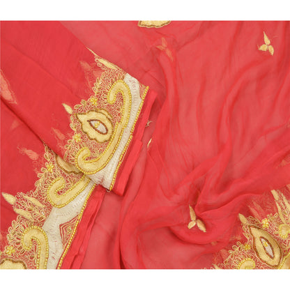 Санскрити Винтаж Дупатта Длинный Палантин Чистый Шелковый Шифон Красная Ручная Расшитая Бисером Фата