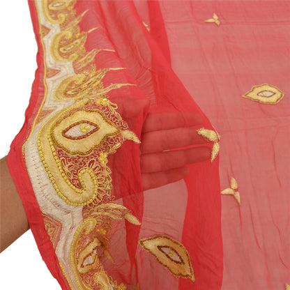 Санскрити Винтаж Дупатта Длинный Палантин Чистый Шелковый Шифон Красная Ручная Расшитая Бисером Фата